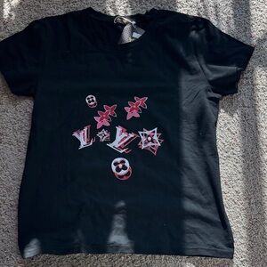 Black T-Shirt with Pink Rhinestone Logo Motif